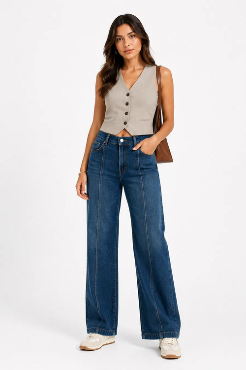 Jean Altiva wide leg azul medio con costuras contraste, edición limitada - mujer colombiana