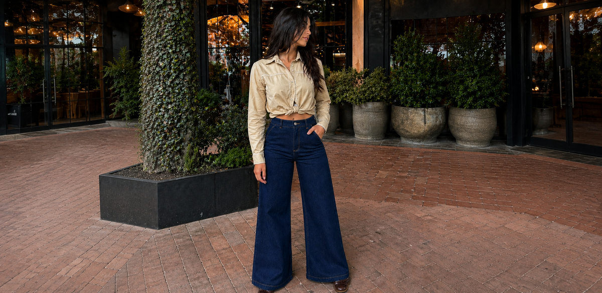 Mujer con jean Altiva wide leg azul oscuro y blusa beige, de noche en la ciudad - moda colombiana edición limitada