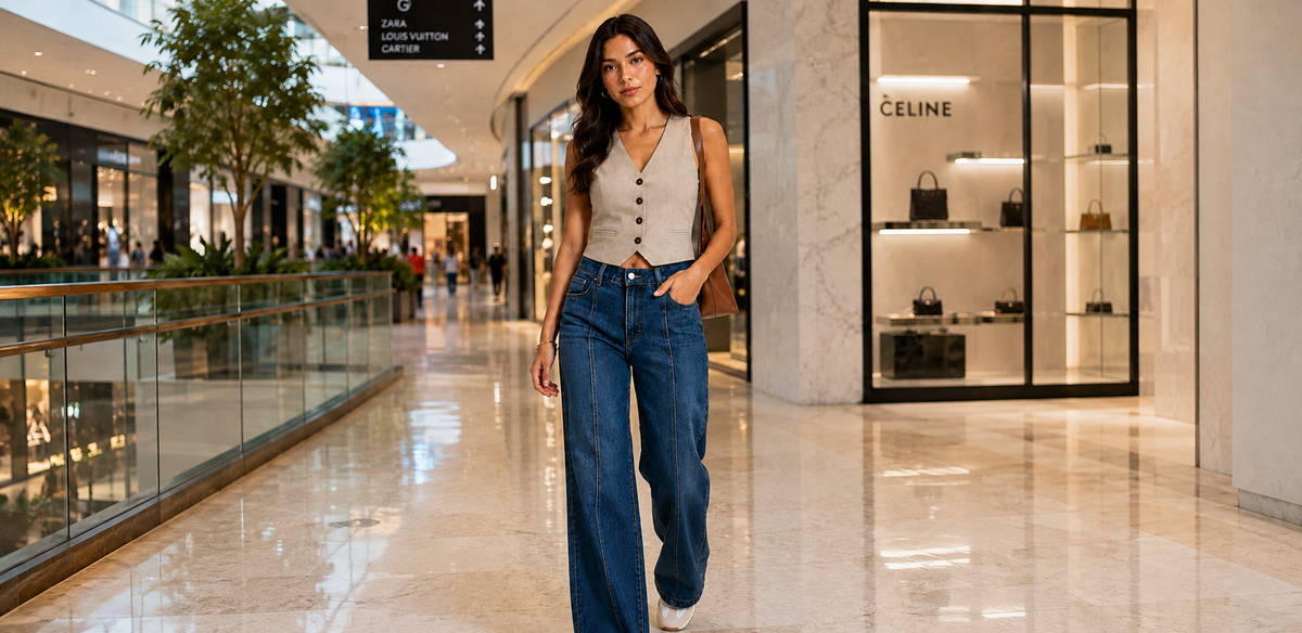 Mujer con jean Altiva wide leg azul oscuro y chaleco beige, centro comercial - moda colombiana edición limitada