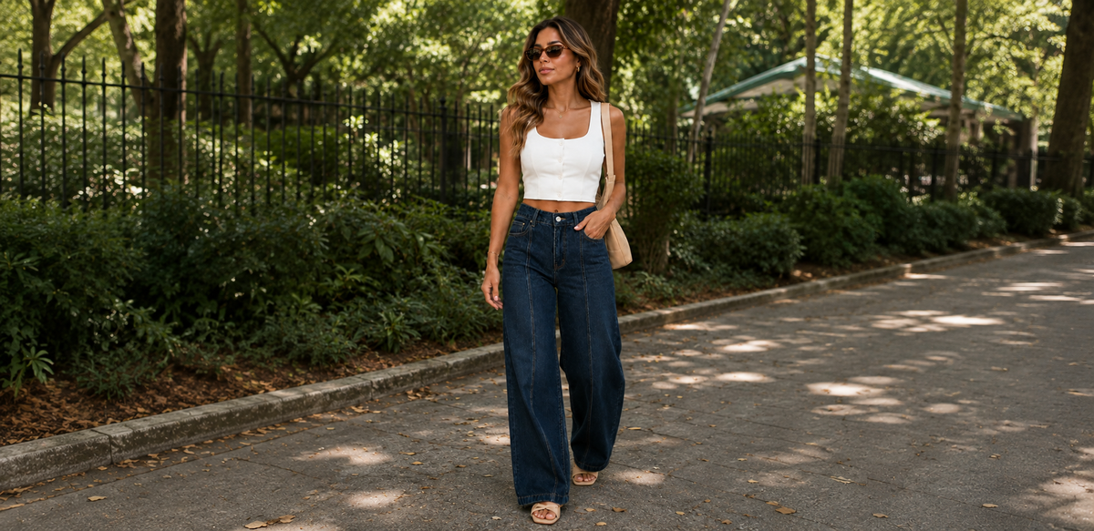 Mujer con jean Altiva wide leg azul oscuro y top blanco, caminando al aire libre - moda colombiana edición limitada